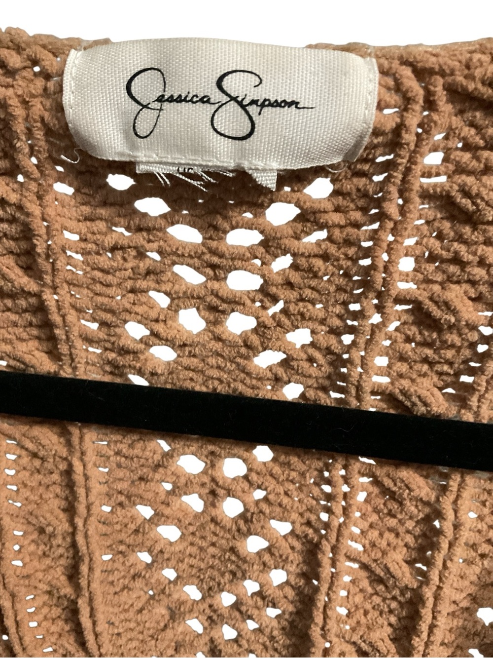 Jessica Simpson Open Knit L Cardigan Women’s Tan Brown Crochet Cable Boho A34 - Picture 4 of 5